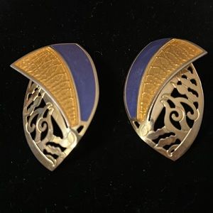 - Vintage 80’s Large Statement Blue and Gold Enameled Pierced Earrings.